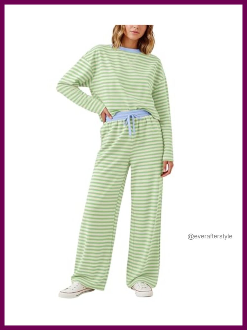 Womens Striped Cotton Blend Lounge Set Long Sleeve Tee Wide Leg Pants